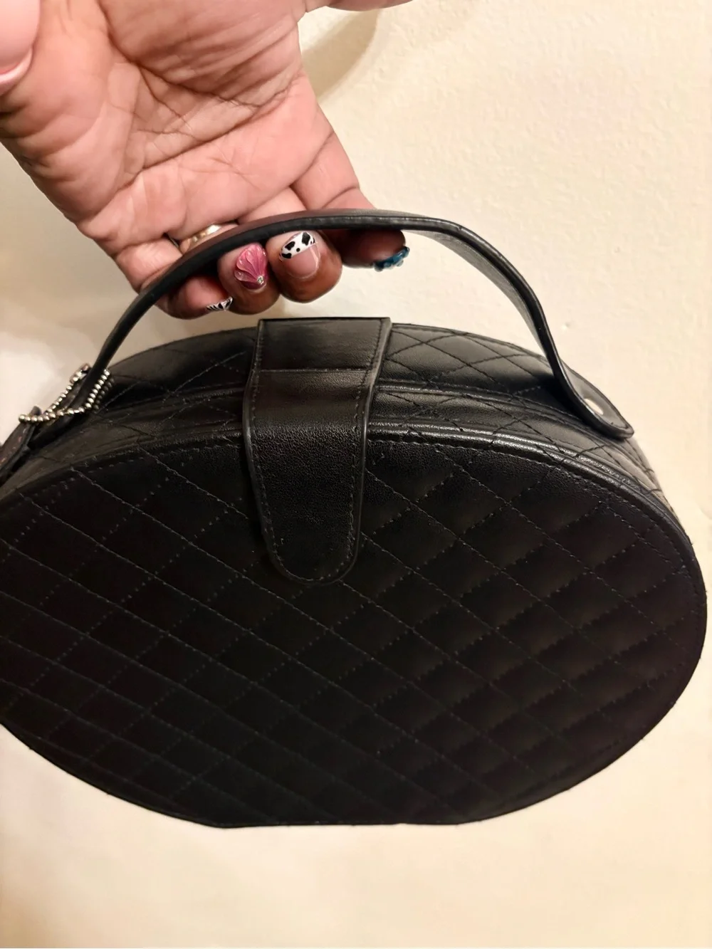Classic Black Quilted Oval Top-Handle Bag
